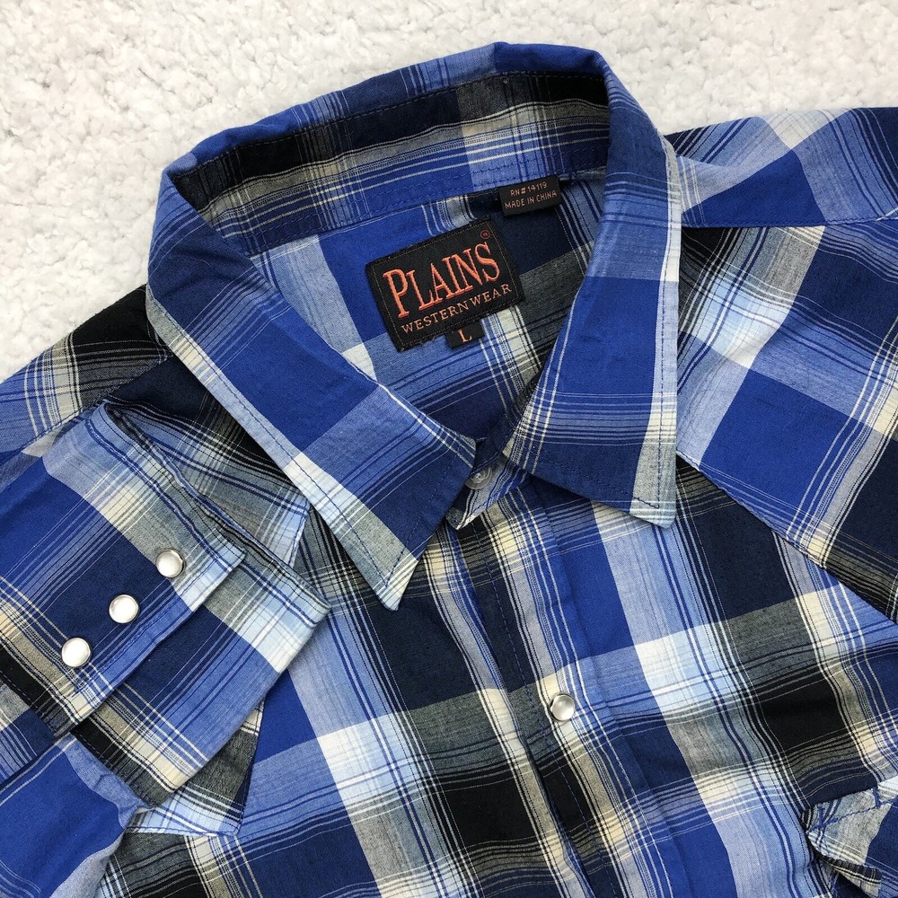 Plains Western Wear Shirt Mens LARGE Blue Black Plaid Pearl‎ Snap Cowboy Rodeo